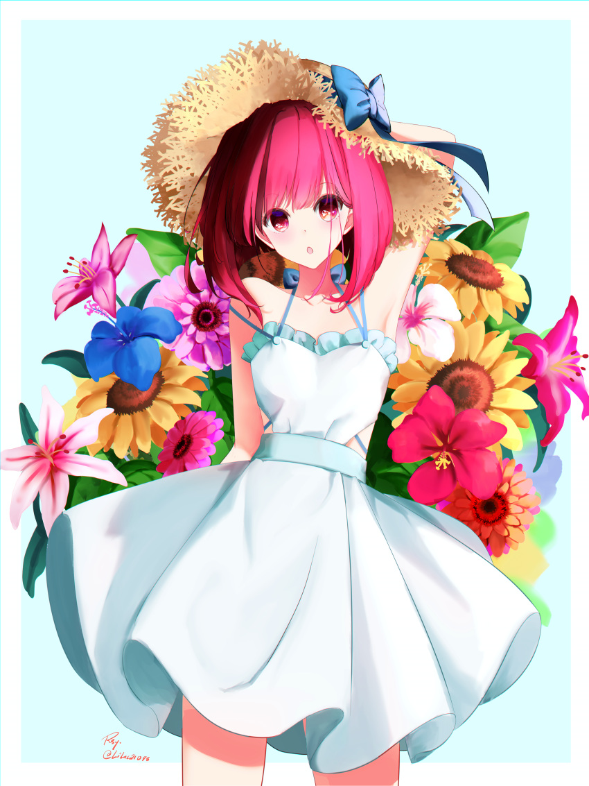 1girl, absurdres, arima_kana, bare_shoulders, blue_background, blue_bow, blue_flower, bob_cut