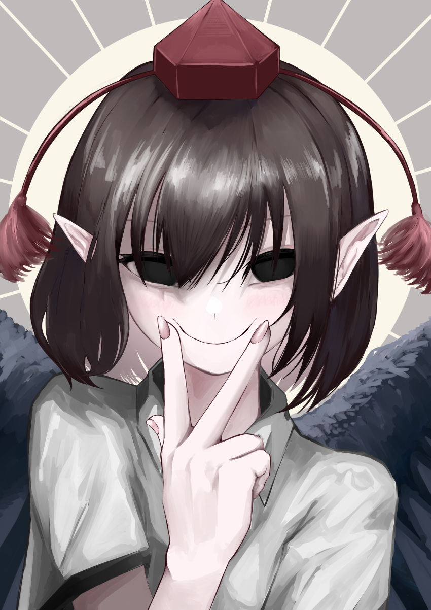 1girl, absurdres, bird_wings, black_eyes, black_wings, brown_hair, closed_mouth, collared_shirt