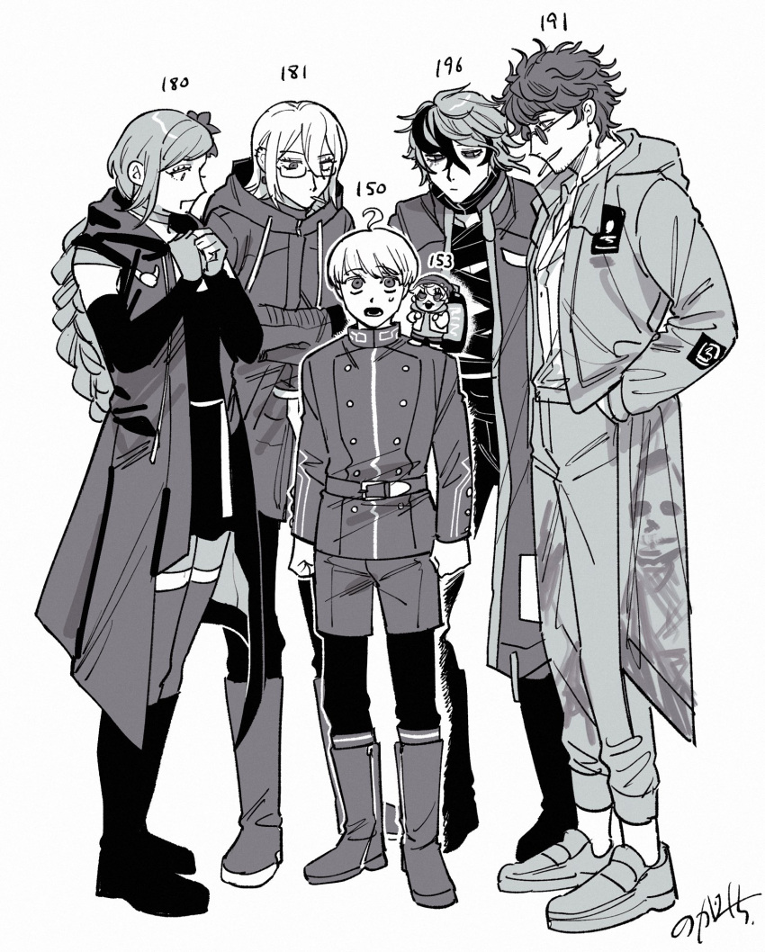 1girl, 1other, 3boys, ahoge, belt, boots, braid, closed_mouth