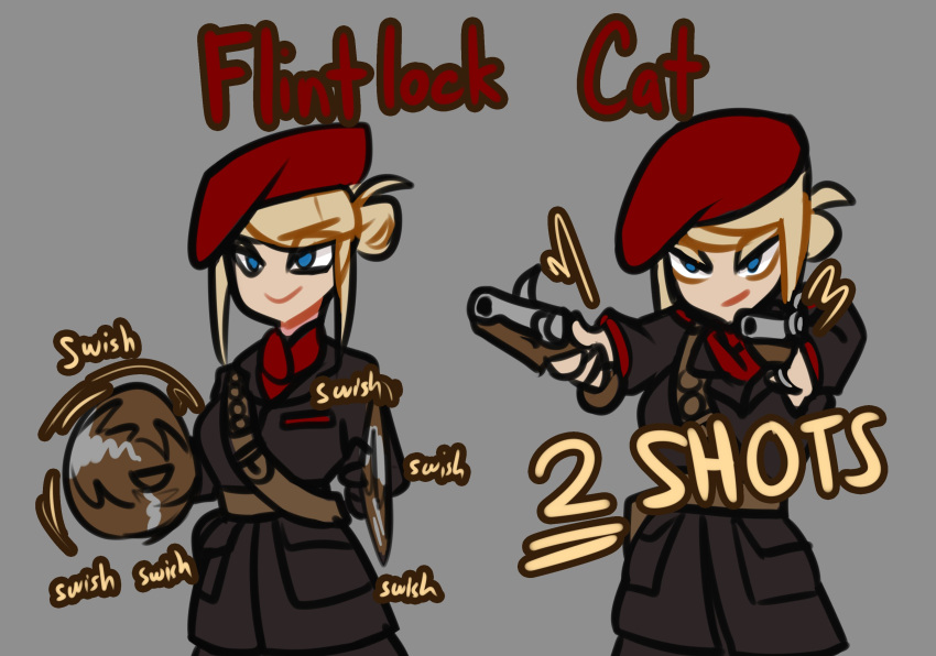 1girl, absurdres, antique_firearm, bandolier, belt, beret, black_coat, blonde_hair