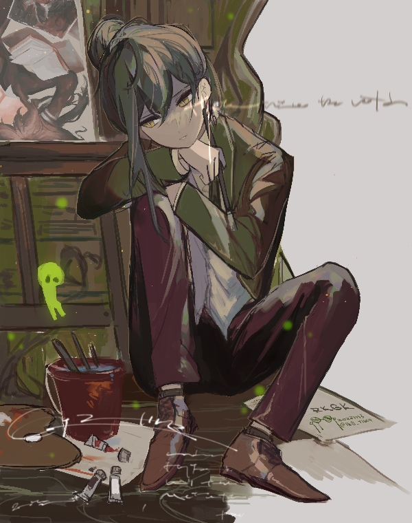 1boy, black_pants, bookshelf, canvas_(object), coat, folded_ponytail, green_coat, green_hair