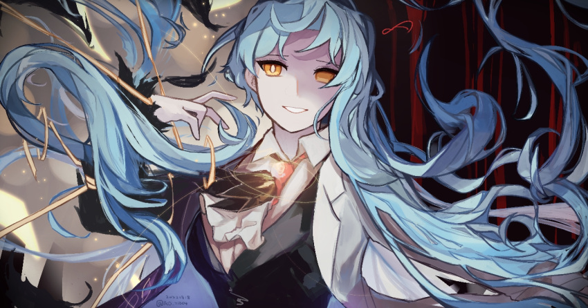 1girl, angela_(project_moon), ascot, black_feathers, black_vest, blue_coat, blue_hair, coat