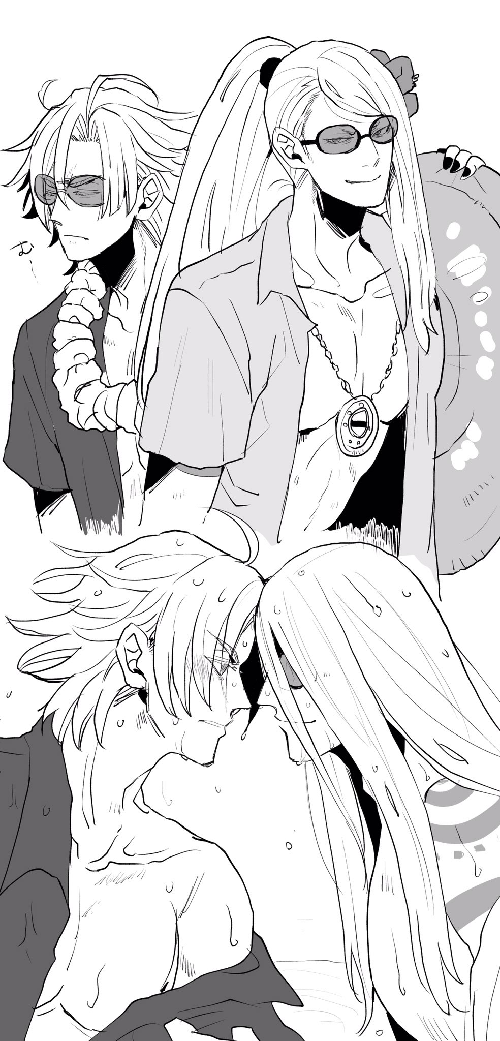 2boys, alternate_costume, arm_tattoo, blonde_hair, daybit_sem_void, fate/grand_order, fate_(series), flower