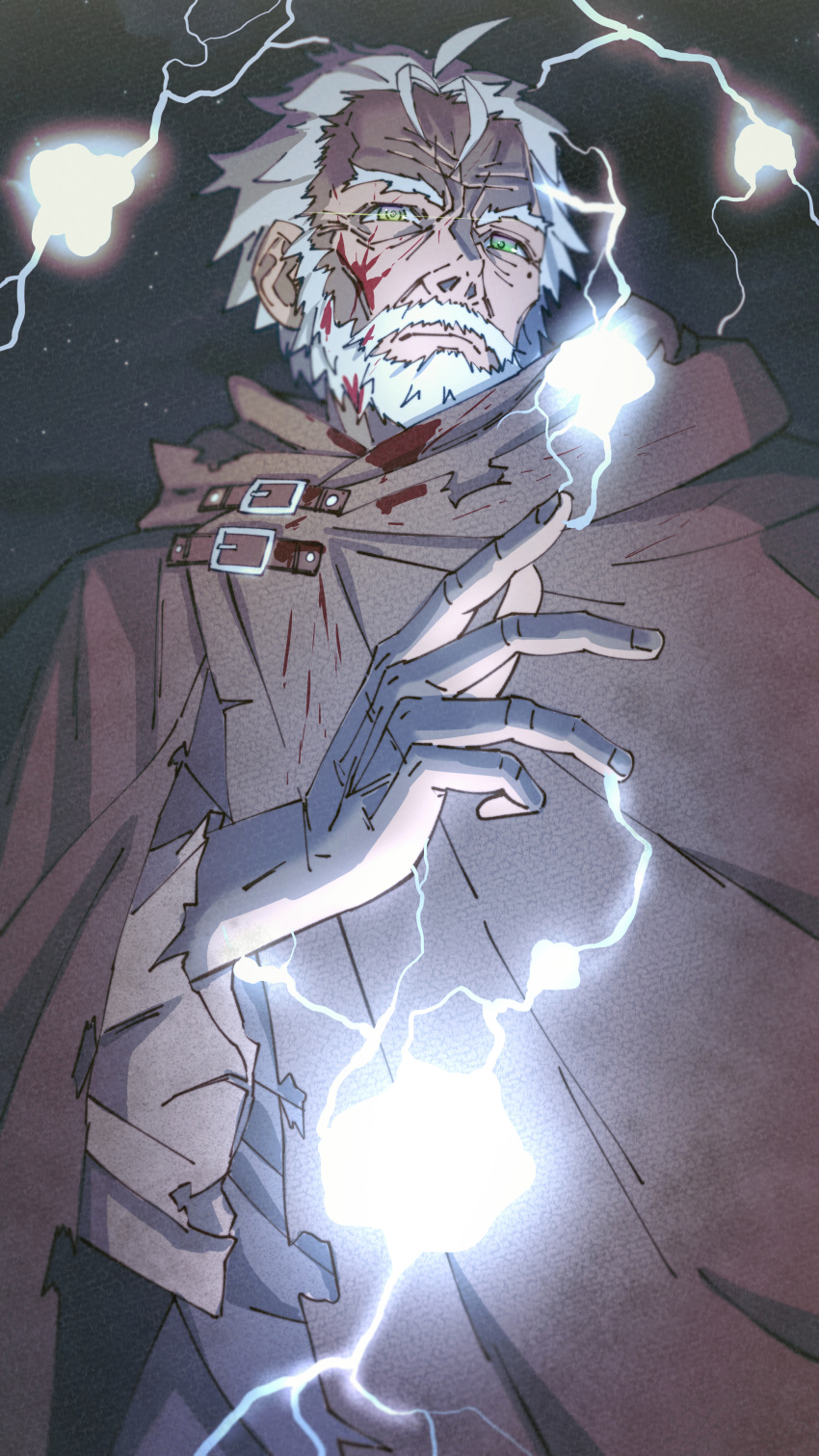 1boy, absurdres, aged_up, beard, brown_cloak, buckle, cloak, facial_hair