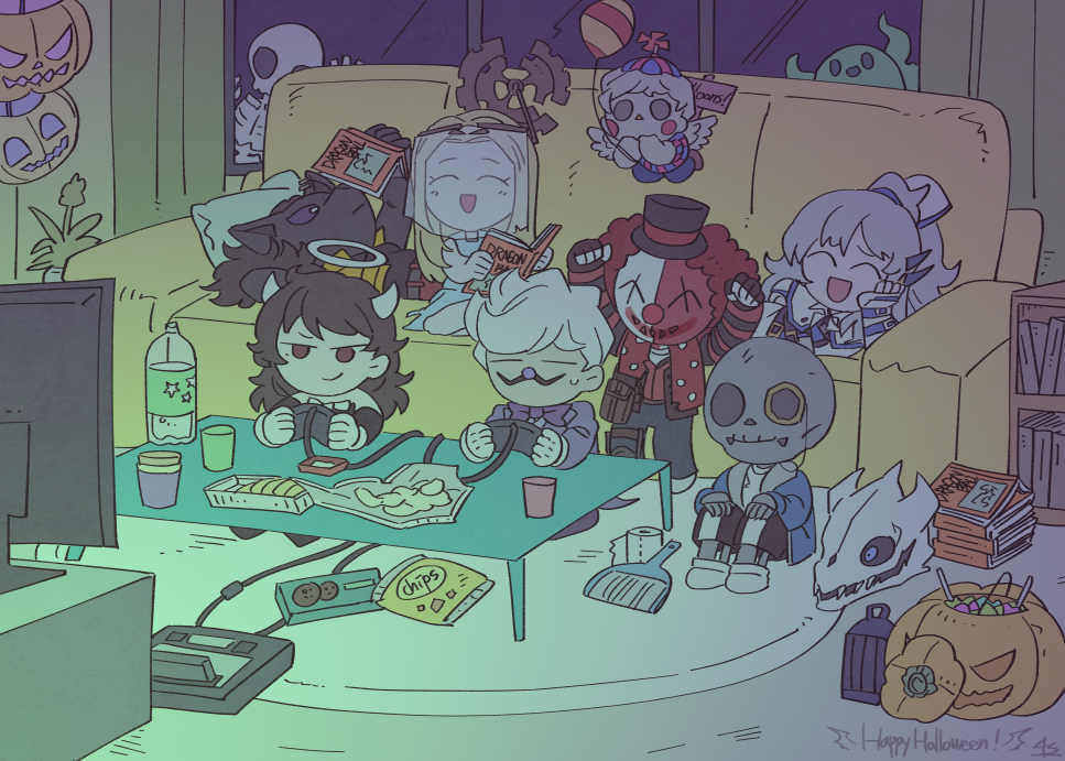 3girls, 5boys, alice_angel, alice_angel_(cosplay), argalia_(library_of_ruina), balloon_boy_(fnaf), balloon_boy_(fnaf)_(cosplay), bendy_and_the_ink_machine