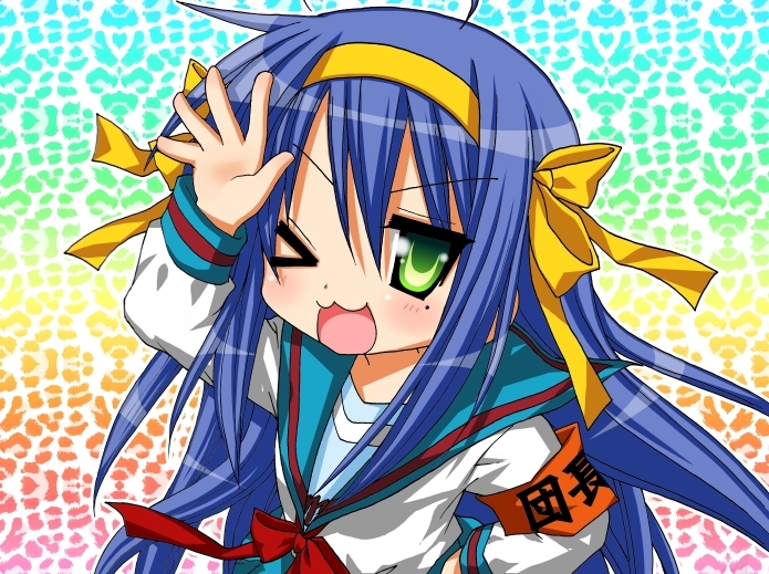 cosplay, green_eyes, hair_ribbon, hairband, hirano_aya, izumi_konata, long_hair, lucky_star