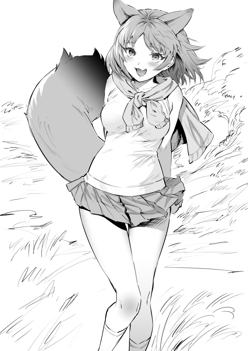 1girl, animal_ears, bare_legs, bare_shoulders, day, extra_ears, fang, floating_hair