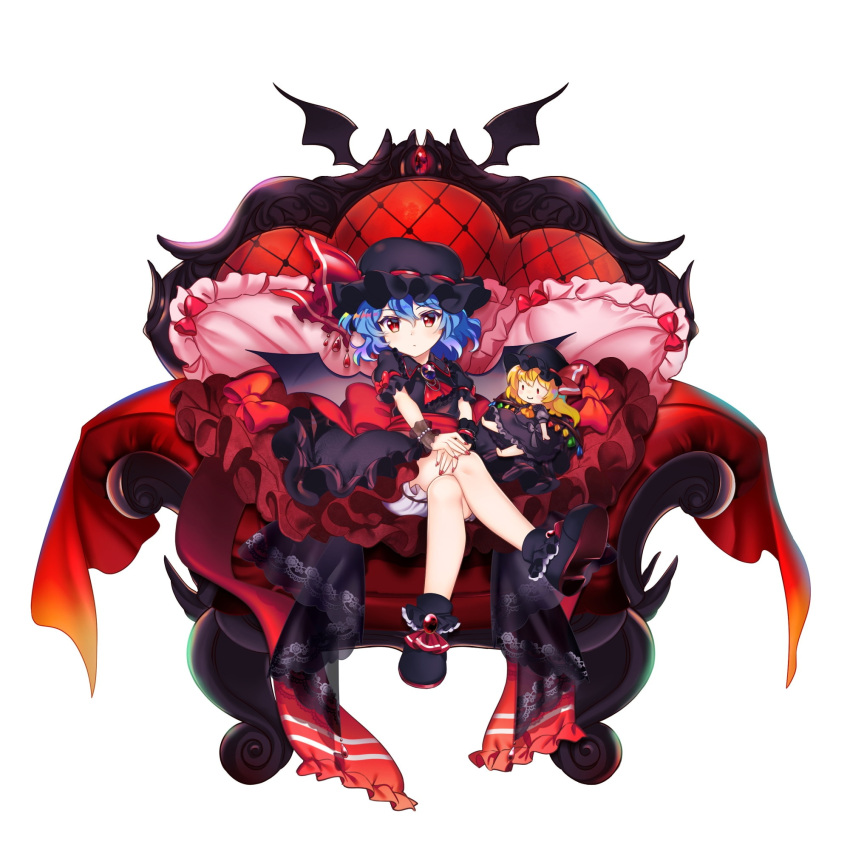 1girl, alternate_color, bat_wings, black_footwear, black_headwear, bloomers, blue_hair, closed_mouth
