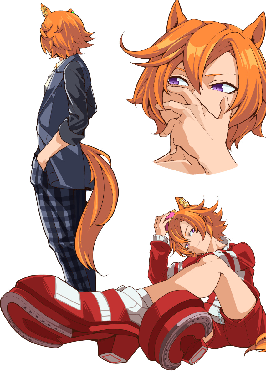 1girl, absurdres, animal_ears, crown, dogeyama_um, hands_in_pockets, highres, horse_ears, horse_girl, horse_tail, horseshoe, jacket, looking_at_viewer, looking_to_the_side, mini_crown, multiple_views, orange_hair, pants, plaid, plaid_pants, red_footwear, red_jacket, red_shorts, red_track_suit, short_hair, shorts, simple_background, solo, t.m._opera_o_(umamusume), tail, tracen_training_uniform, track_jacket, umamusume, violet_eyes, white_background
