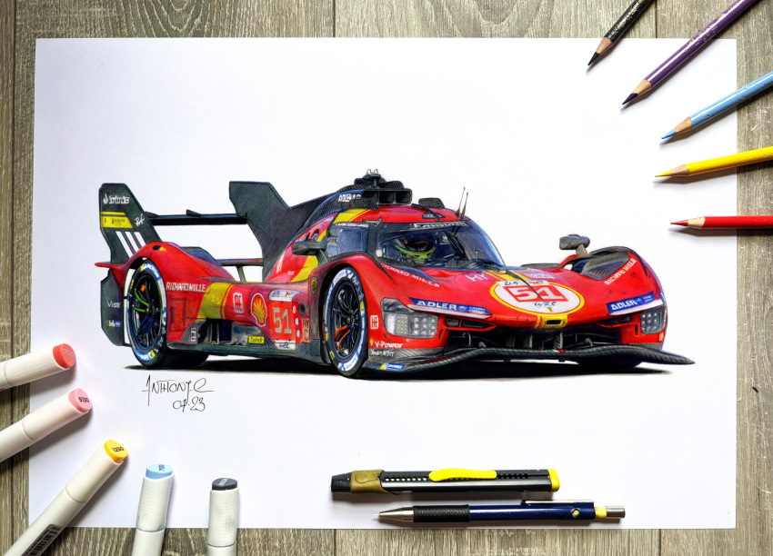 absurdres, anthony-c, art_tools_in_frame, artist_name, car, colored_pencil_(medium), dated, ferrari