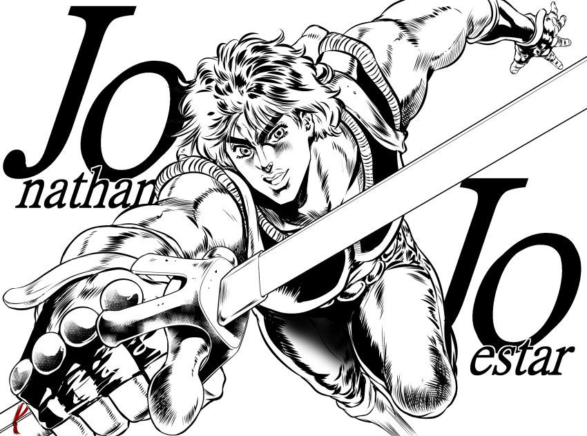 1boy, araki_hirohiko_(style), character_name, commentary_request, electricity, fingerless_gloves, gloves, hamon, hatching_(texture), highres, jojo_no_kimyou_na_bouken, jonathan_joestar, luck_and_pluck, male_focus, monochrome, muscular, official_style, open_mouth, phantom_blood, smile, solo, spot_color, sword, taki_reki, weapon