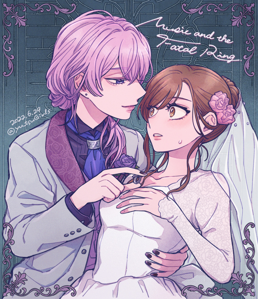 2girls, arm_around_waist, asahina_yui, ascot, black_nails, blue_ascot, blue_eyes, blush