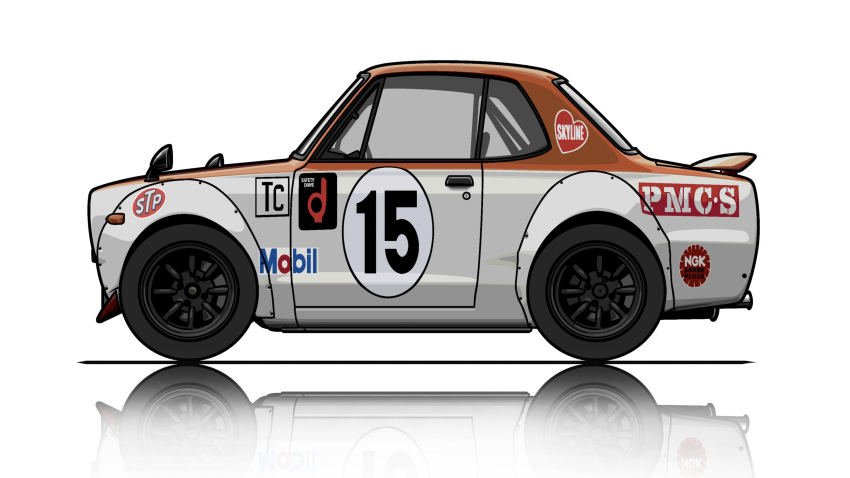 absurdres, car, chibi, heart, highres, kaizou-sha_no_illust_bot, mobil, motor_vehicle, nissan_skyline, nissan_skyline_c10, nissan_skyline_gt-r, no_humans, original, race_vehicle, racecar, reflection, roundel, shadow, spoiler_(automobile), vehicle_focus, vehicle_name, white_background