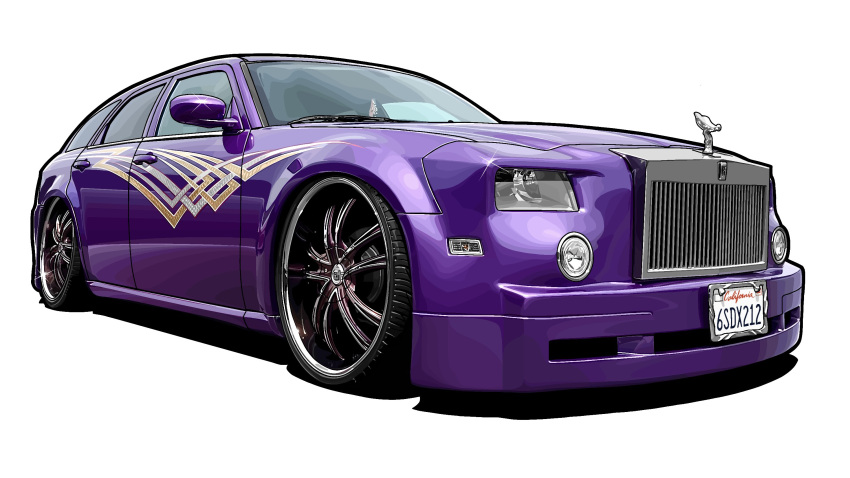 car, dodge_(company), dodge_magnum, fusion, glint, highres, kaizou-sha_no_illust_bot, license_plate, motor_vehicle, no_humans, original, rolls-royce, rolls-royce_phantom, shadow, simple_background, vehicle_focus, white_background