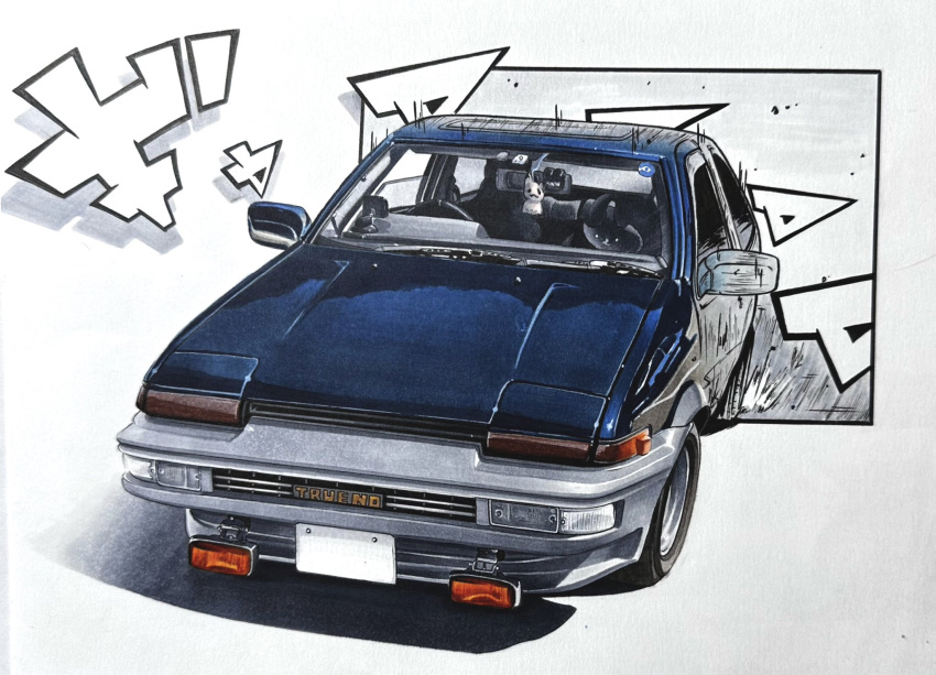 car, drifting, highres, motor_vehicle, no_humans, original, shadow, sound_effects, takapon_0505, toyota, toyota_sprinter_trueno, traditional_media, vehicle_focus