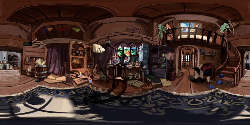 360_panorama, 5girls, alice_margatroid, artist_name, barrel, basket, bed, black_hair