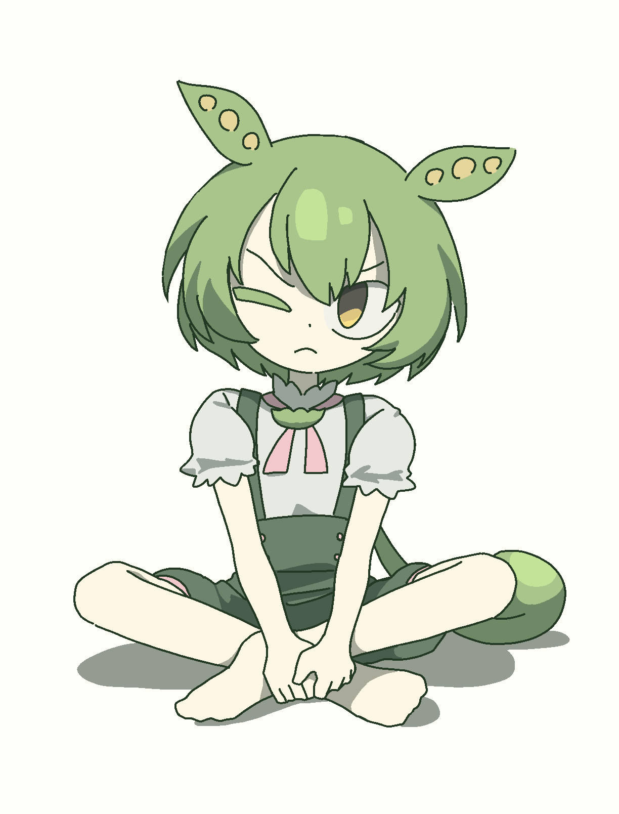 1girl, 9chrono0, ;(, brooch, brown_hair, closed_mouth, green_brooch, green_hair, green_shorts, green_suspenders, hair_between_eyes, highres, indian_style, jewelry, long_hair, looking_to_the_side, low_ponytail, one_eye_closed, pink_ribbon, puffy_short_sleeves, puffy_sleeves, ribbon, shirt, short_sleeves, shorts, sitting, solo, suspenders, v-shaped_eyebrows, voicevox, white_background, white_shirt, yellow_eyes, zundamon