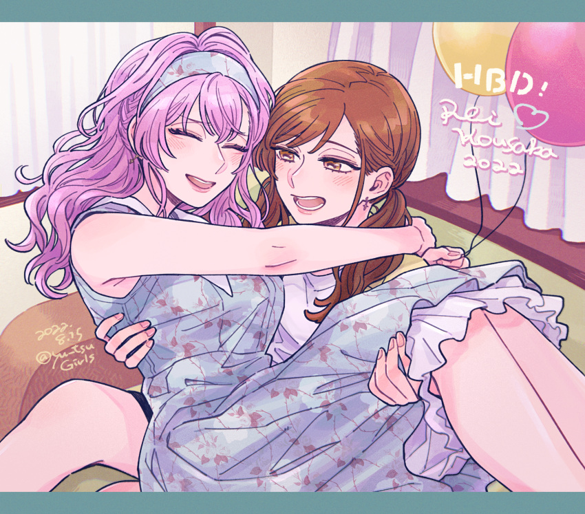 2girls, :d, asahina_yui, balloon, blue_headband, carrying, closed_eyes, couch