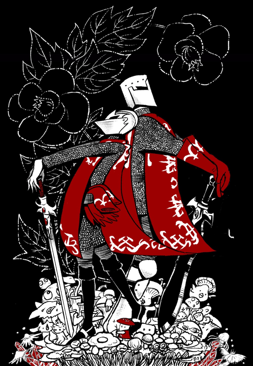 1boy, 1girl, armor, back-to-back, black_background, black_footwear, chainmail, flower, gloves, gram_(pixiv_fantasia_last_saga), grida_(pixiv_fantasia_last_saga), helmet, highres, kwsk_miki, mushroom, pixiv_fantasia, pixiv_fantasia_last_saga, planted, planted_sword, red_gloves, standing, sword, weapon