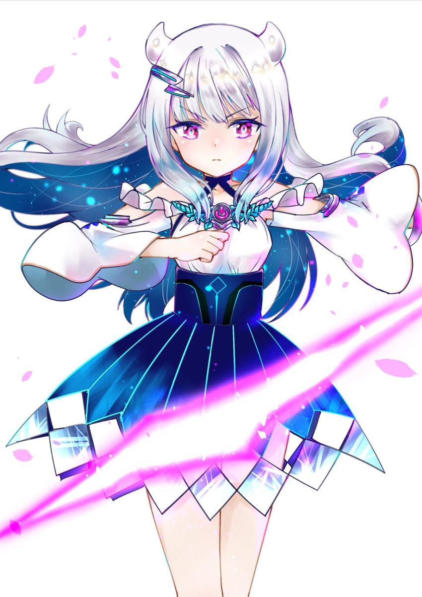 1girl, blue_choker, blue_hair, blue_skirt, blush, bracelet, choker, clenched_hand