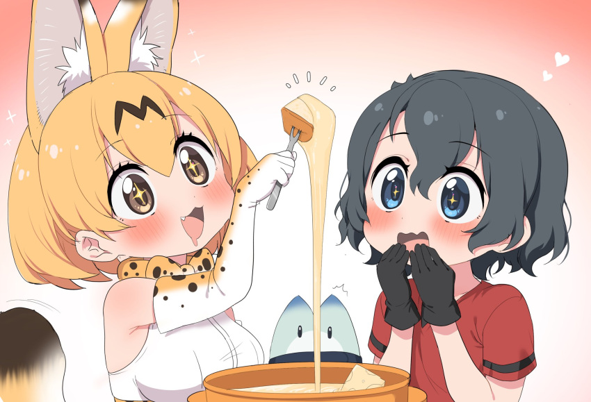 +_+, 2girls, :3, animal_ears, bare_shoulders, black_gloves, black_hair, blonde_hair