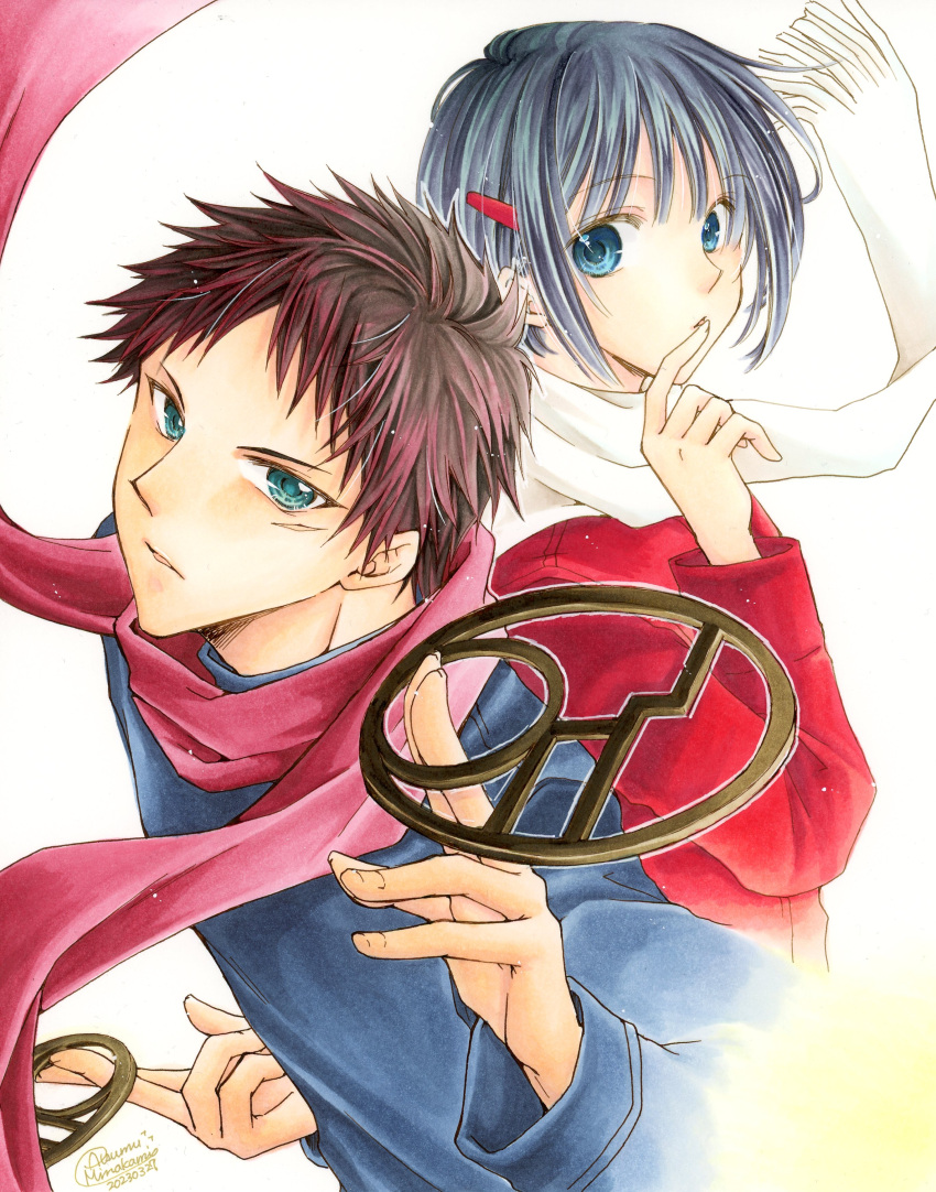 1boy, 1girl, absurdres, artist_name, black_hair, black_shirt, blue_eyes, brown_hair, coat, dated, hair_ornament, hairclip, hand_up, highres, holding, holding_weapon, kunato_hyouma, long_sleeves, marker_(medium), minakami_atsumu, mononogatari, nakatsuki_botan, red_coat, red_scarf, scar, scar_on_face, scarf, shirt, short_hair, traditional_media, upper_body, weapon, white_background, white_scarf