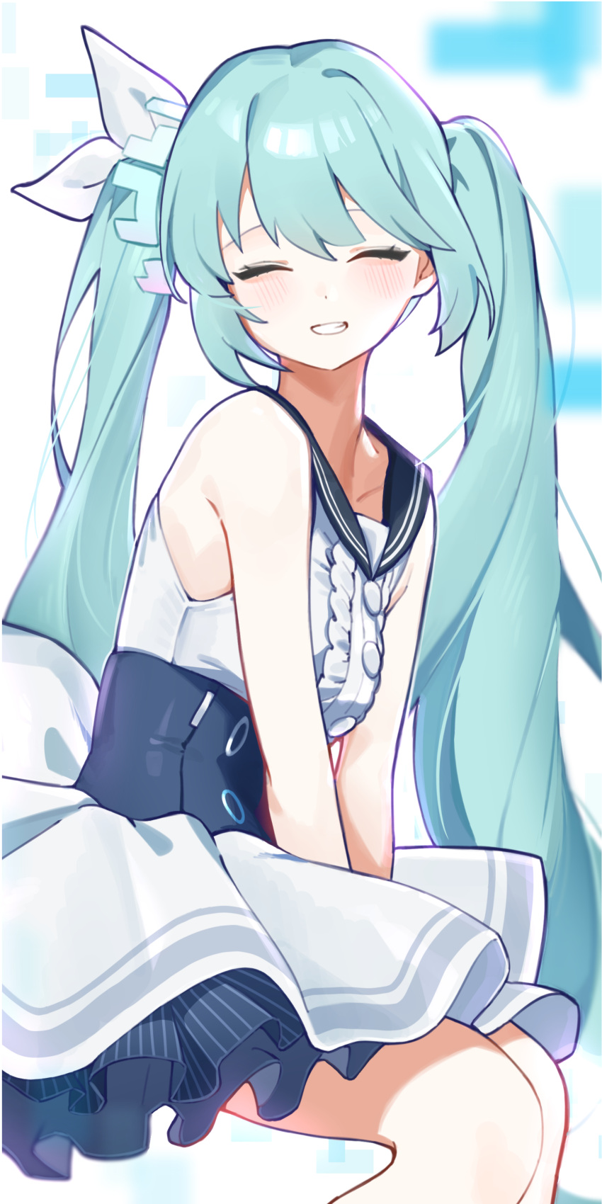 1girl, absurdres, aqua_hair, blue_archive, blue_sailor_collar, blush, closed_eyes, dress