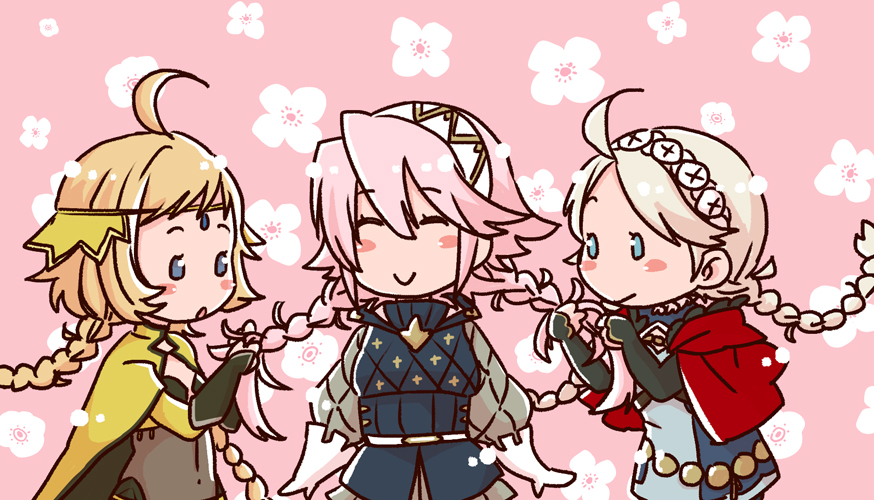 3girls, blonde_hair, blue_eyes, braid, braiding_hair, brushing_another's_hair, brushing_hair, cape