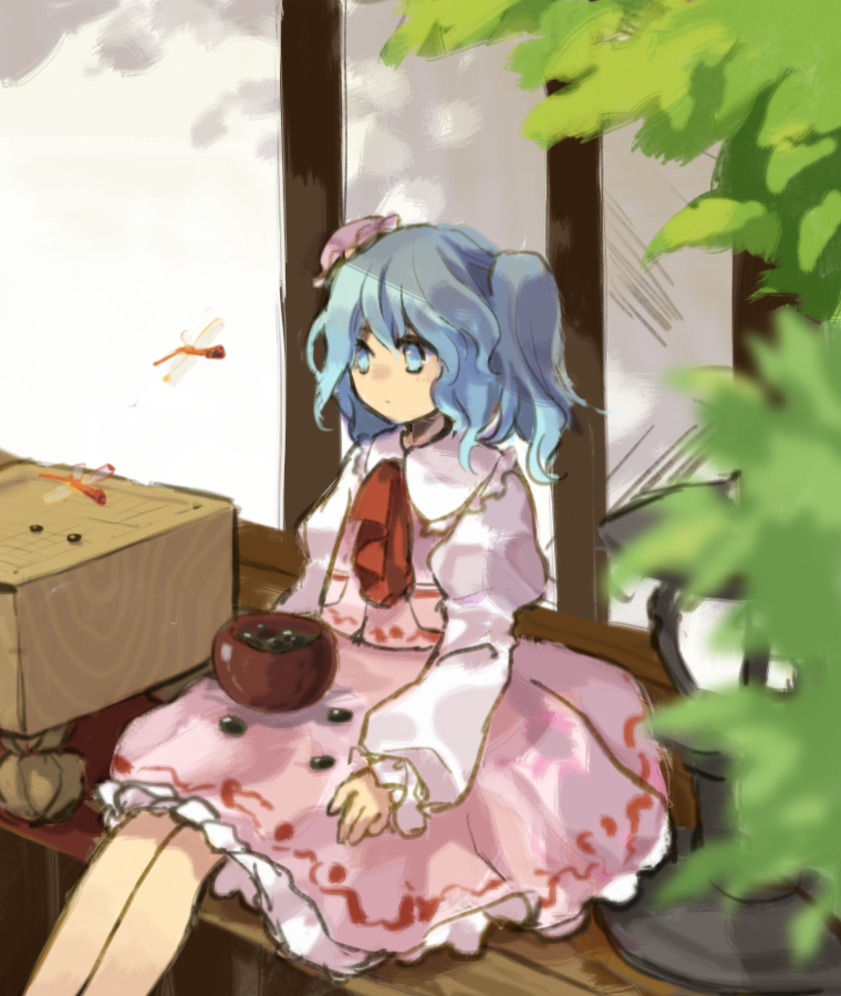1girl, ascot, blue_eyes, blue_hair, board_game, bun_cover, bush, closed_mouth