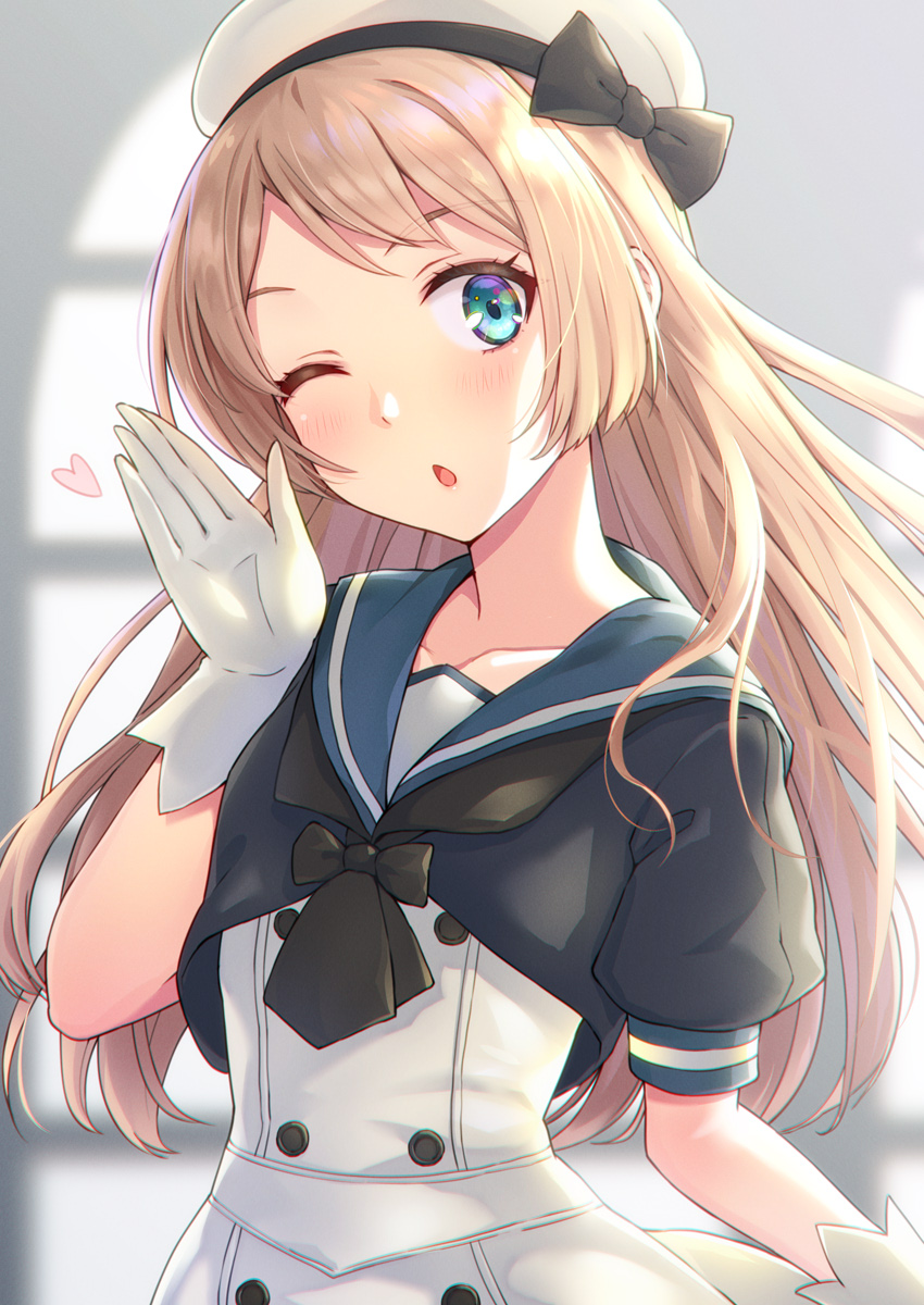 1girl, ;o, aqua_eyes, black_bow, blonde_hair, blue_sailor_collar, blush, bow