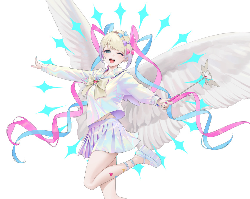 1girl, angel, angel_wings, blonde_hair, blue_eyes, blue_hair, bow, chouzetsusaikawa_tenshi-chan