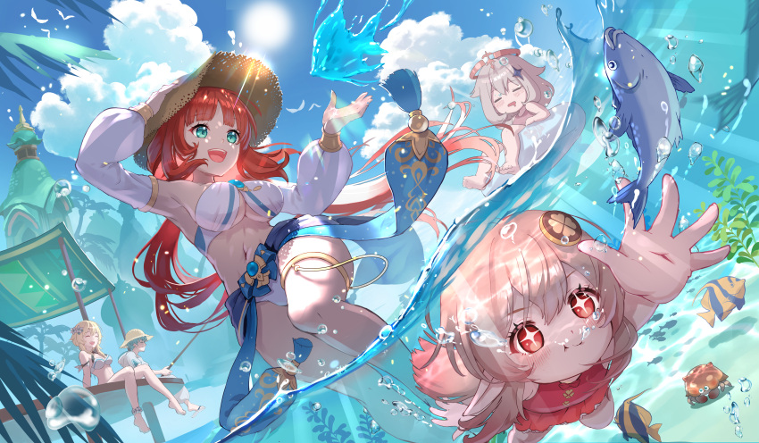 1girl, absurdres, aqua_eyes, bikini, blonde_hair, blue_hair, blue_sky, blush