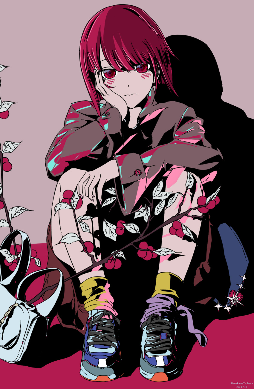 1girl, arima_kana, black_hoodie, blush, bob_cut, closed_mouth, commentary_request, full_body