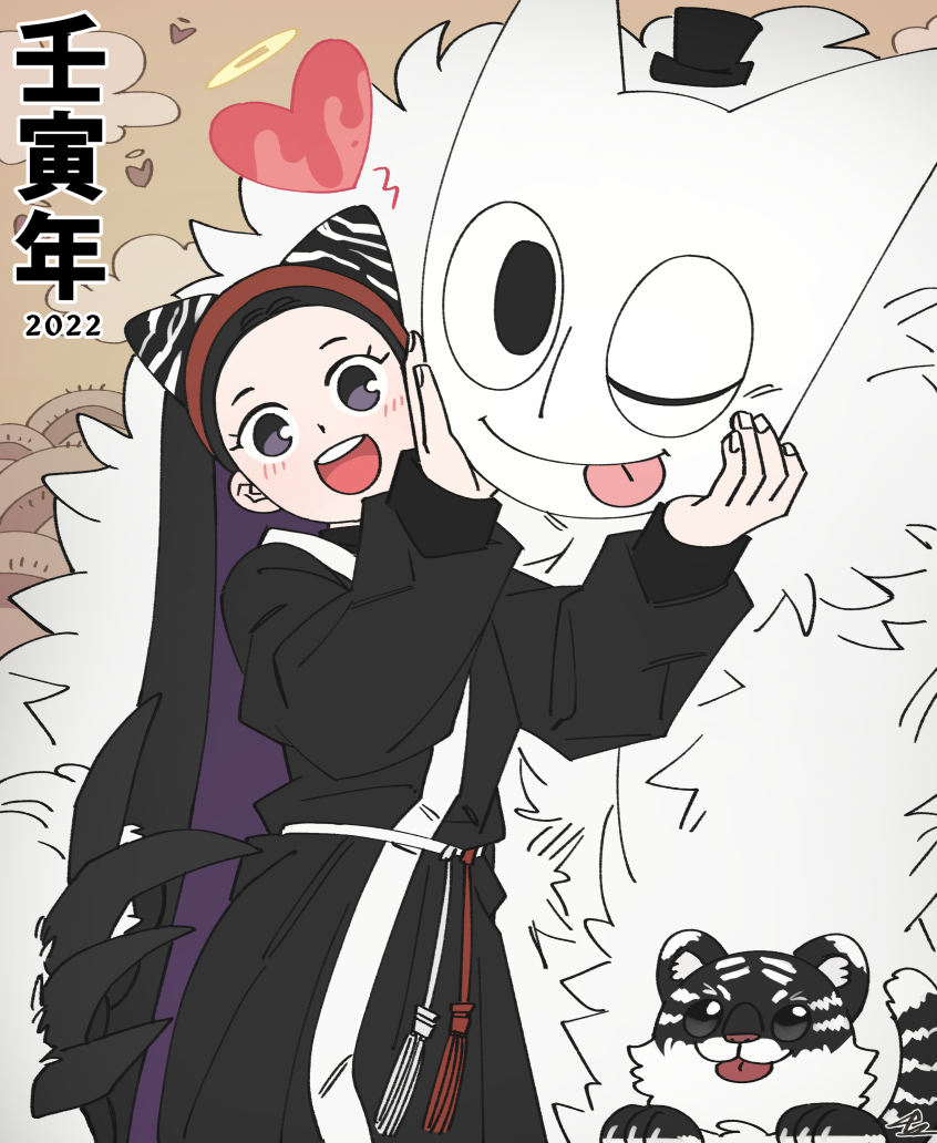 1girl, animal_ears, black_eyes, black_hair, black_kimono, blush, character_request, force_(4sk_force)