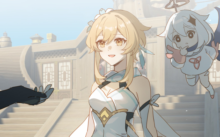 2girls, black_eyes, blonde_hair, blue_cape, bright_pupils, cape, dress, feather_hair_ornament