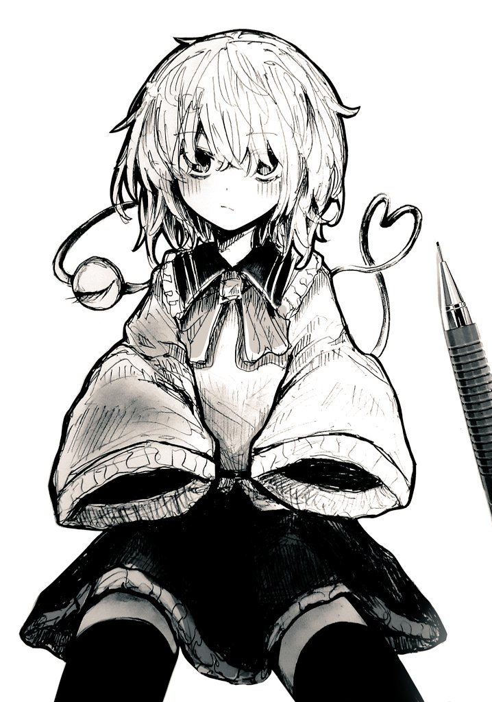 1girl, black_thighhighs, blouse, blush, eyeball, frilled_shirt_collar, frills, greyscale