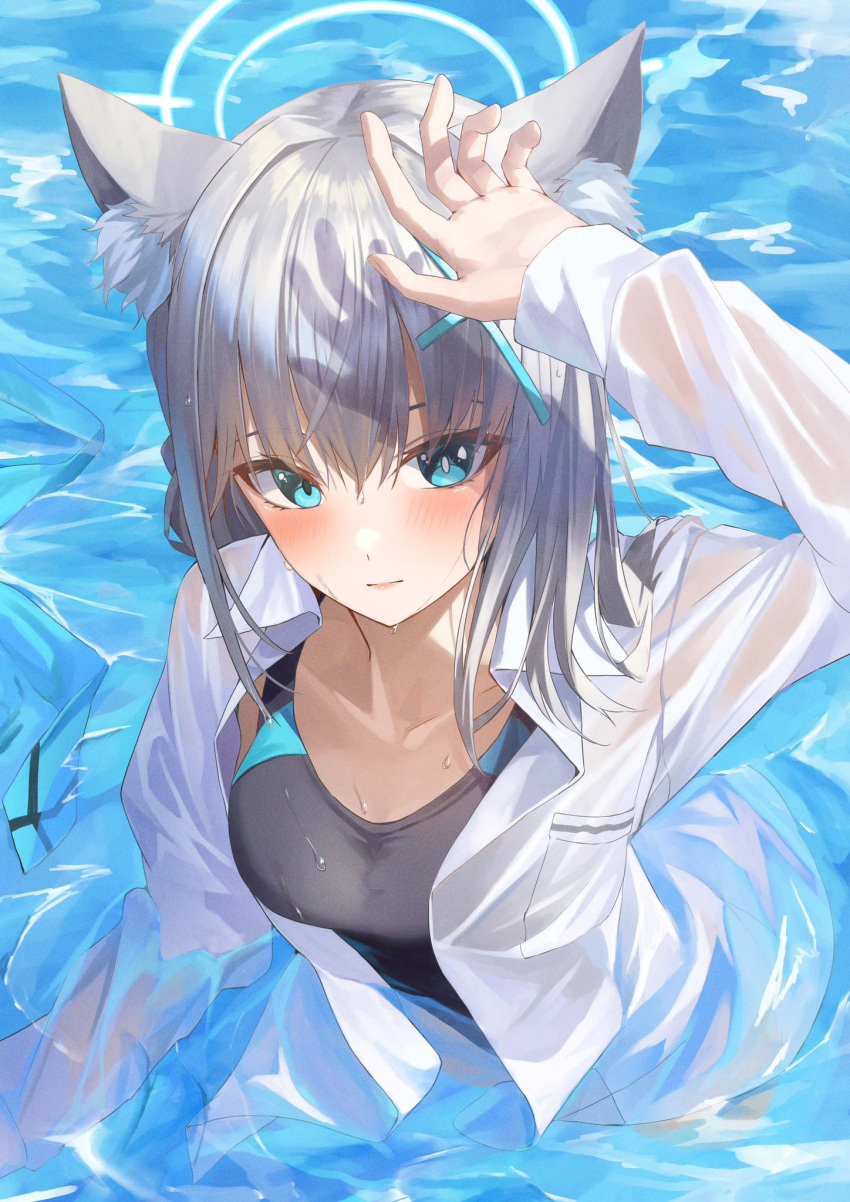1girl, animal_ear_fluff, animal_ears, arm_up, black_one-piece_swimsuit, blue_archive, blue_eyes, blue_halo