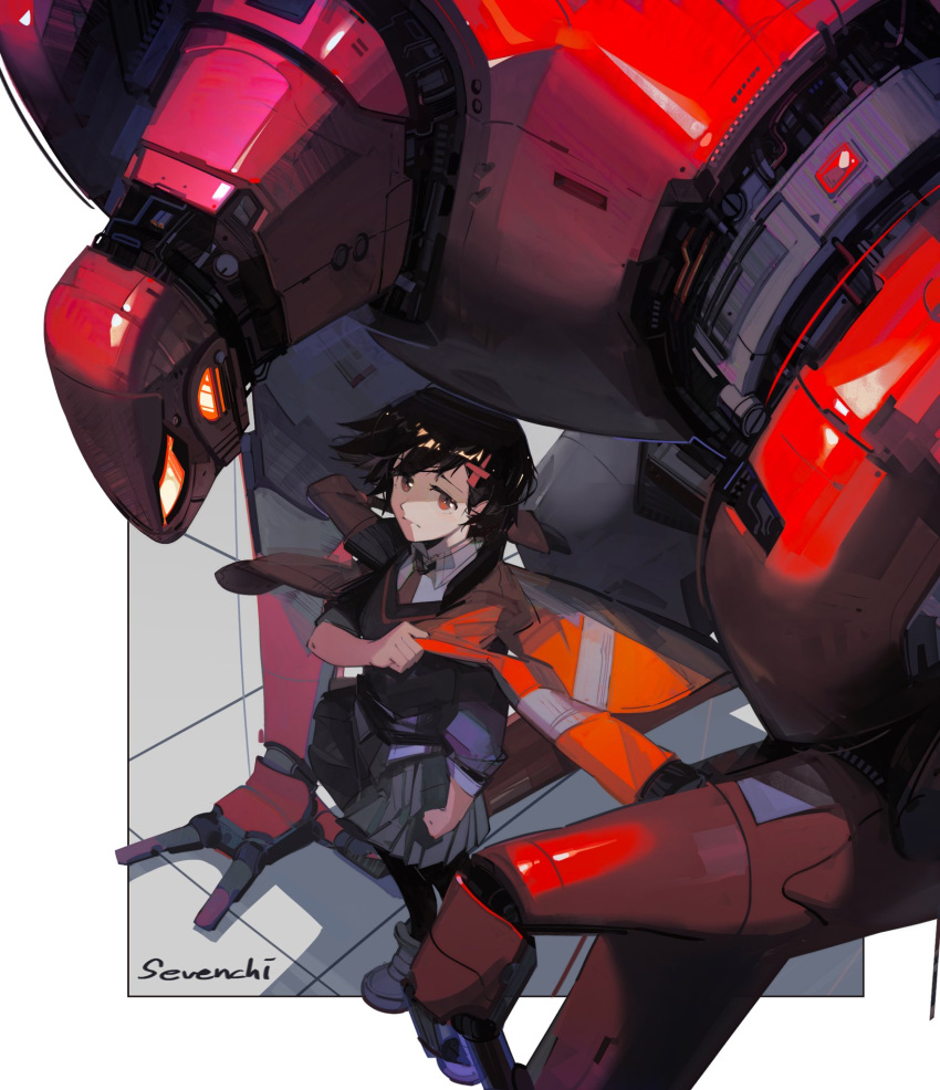 1girl, black_hair, border, commentary, english_commentary, expressionless, from_above, grey_skirt