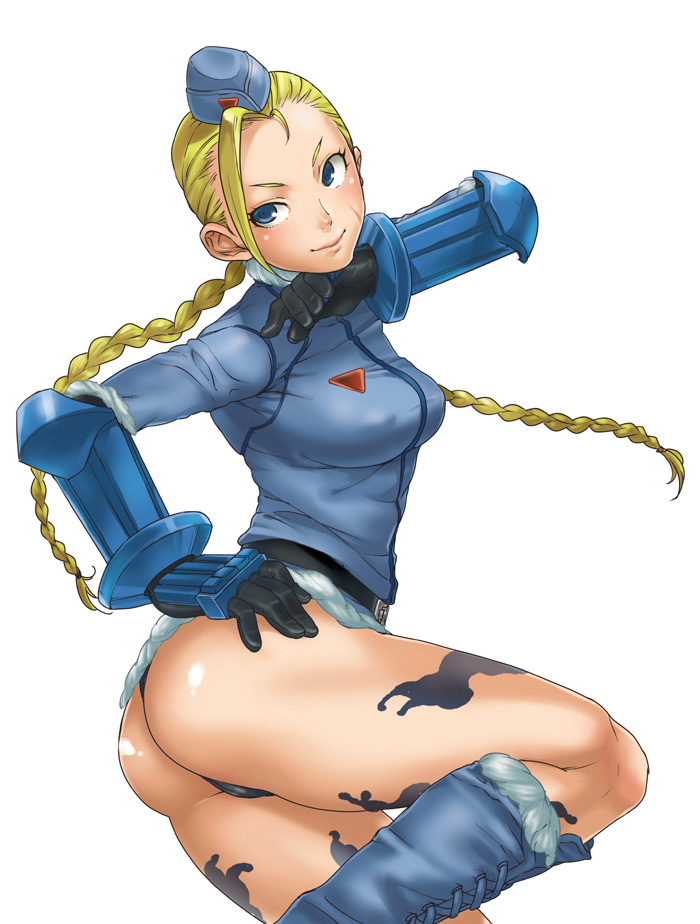 ass, blonde_hair, blue_eyes, braid, cammy_white, capcom, fingerless_gloves, garrison_cap, gloves, hat, long_hair, namboku, nanboku, solo, street_fighter, street_fighter_iv, twin_braids