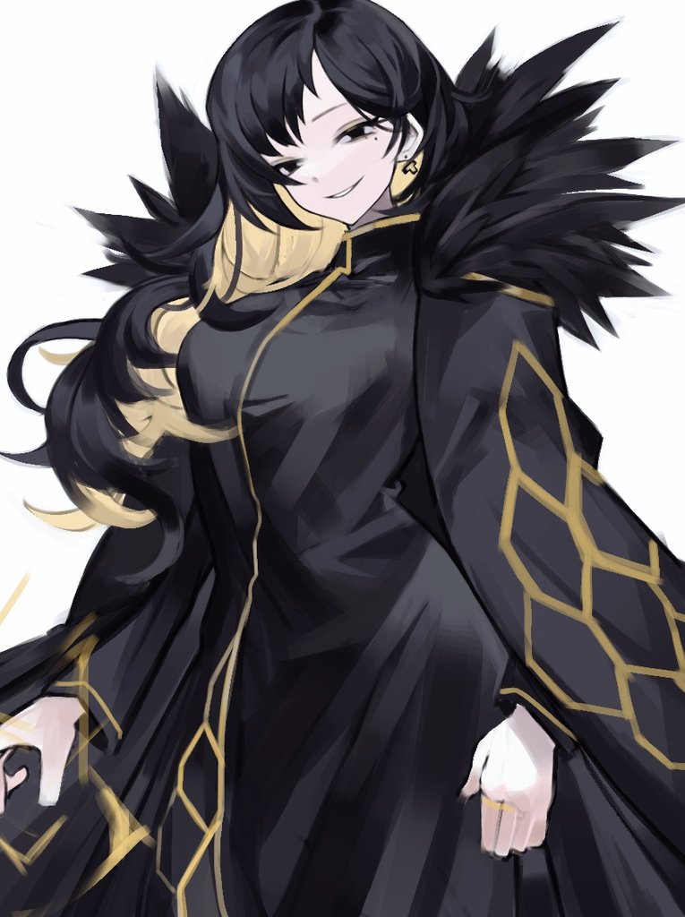 1girl, aka_dang, binah_(project_moon), black_cape, black_dress, black_eyes, black_hair, blonde_hair