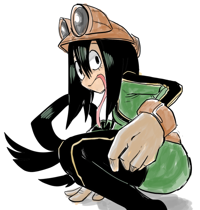 1girl, asui_tsuyu, black_eyes, black_hair, bodysuit, boku_no_hero_academia, brown_headwear, gloves