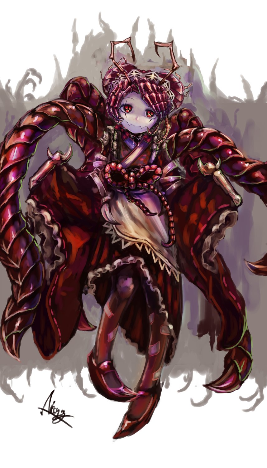 1girl, antennae, apron, arthropod_girl, arthropod_limbs, aura, black_footwear, brown_kimono