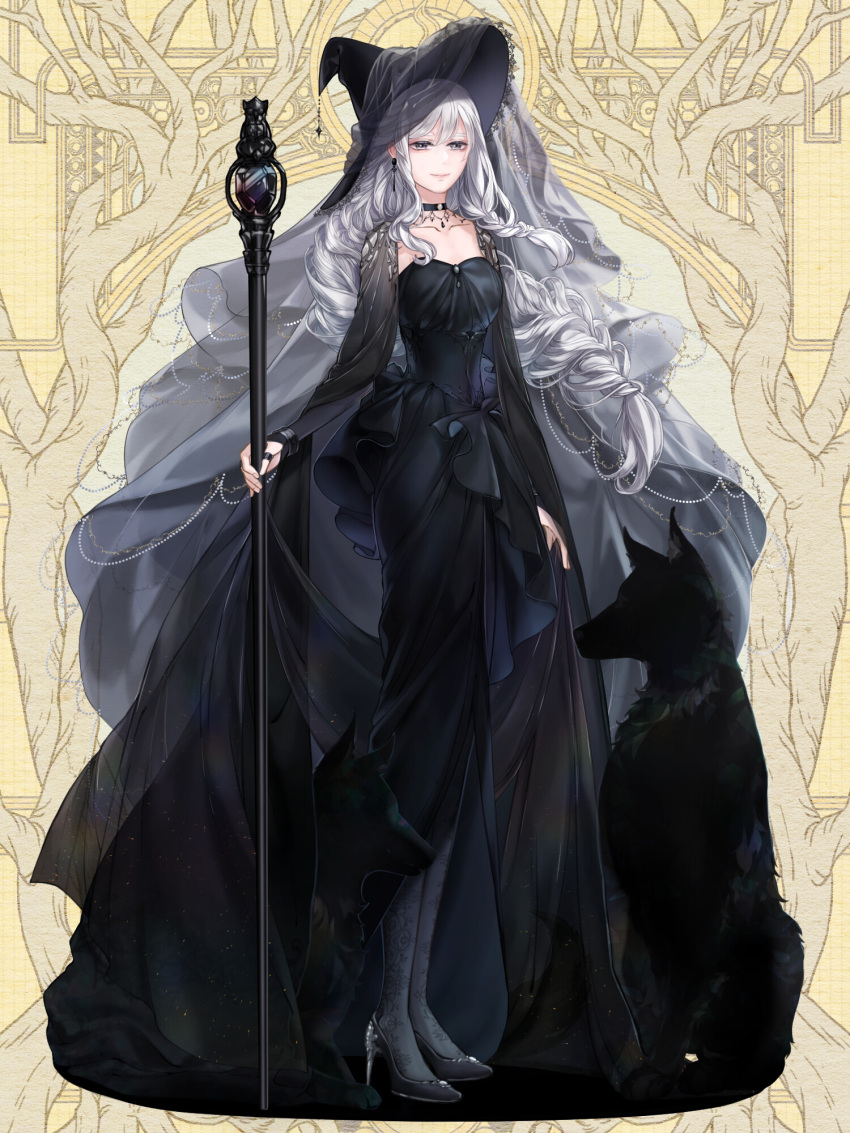 1girl, black_dress, black_eyes, black_footwear, black_headwear, black_pantyhose, braid, breasts, caroline_black, choker, dairoku_ryouhei, dog, dress, full_body, highres, jewelry, long_hair, pantyhose, ring, saeji_(tw), skirt_hold, small_breasts, solo, staff, standing, veil, white_hair