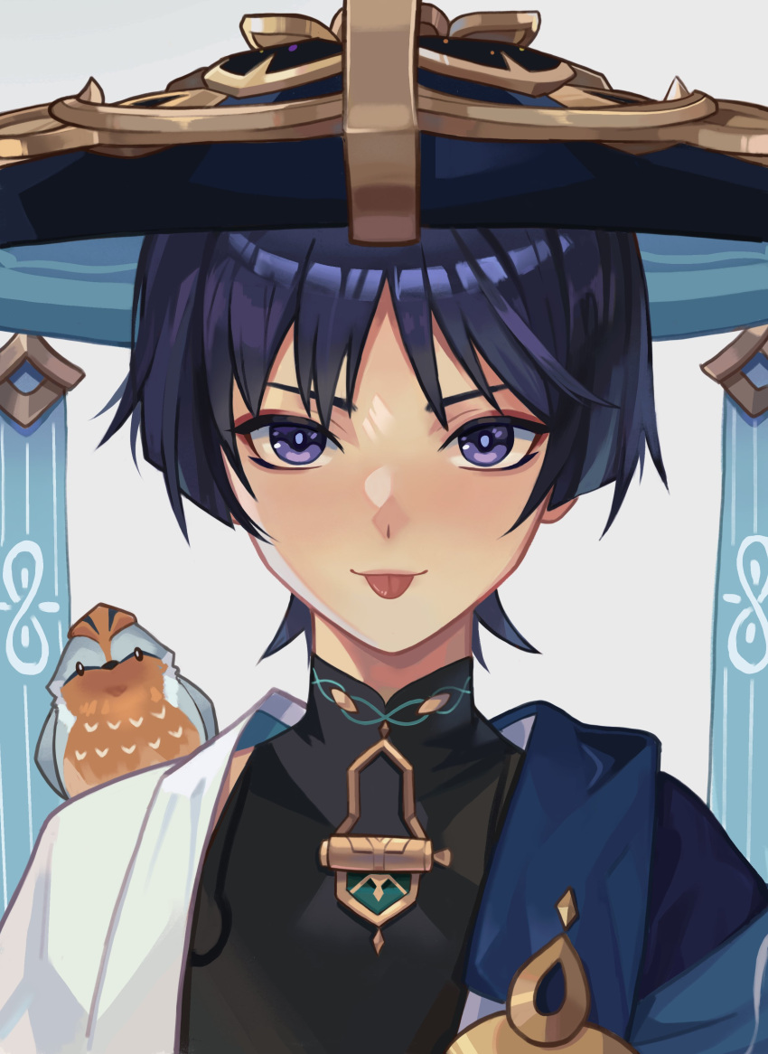 1boy, :p, absurdres, angryoats, bird, bishounen, black_shirt, blue_headwear