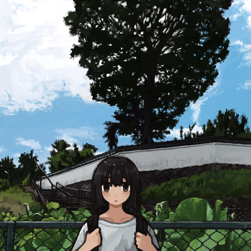 1girl, :o, absurdres, backpack, bag, black_eyes, black_hair, blue_sky