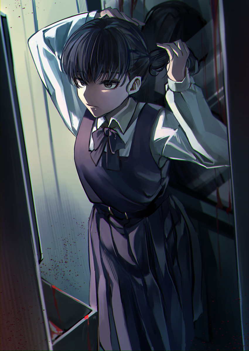 1girl, absurdres, belt, belt_buckle, black_belt, black_dress, black_eyes, black_hair