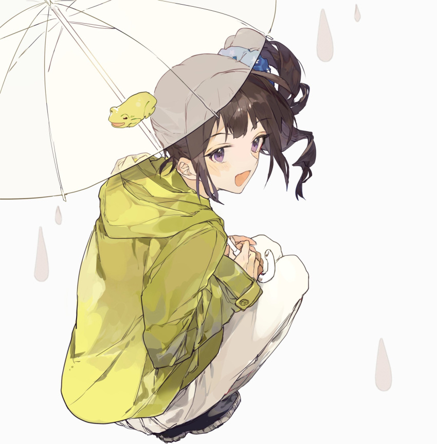 1girl, ahoge, blue_scrunchie, blush, breasts, brown_hair, drill_hair, frog