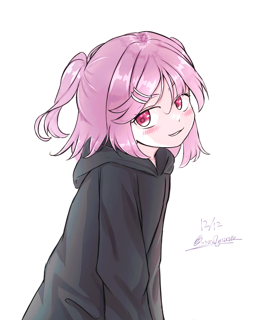 1girl, :3, arms_at_sides, black_hoodie, blush, commentary, dated, doki_doki_literature_club