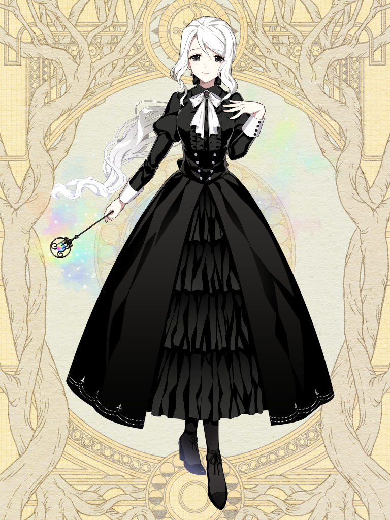 1girl, black_dress, black_eyes, black_footwear, bow, caroline_black, dairoku_ryouhei, dress