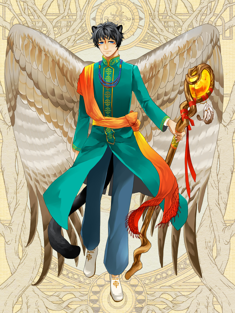 1boy, animal_ears, blue_eyes, brown_wings, cat_tail, cyril_alba, dairoku_ryouhei, facial_mark, feathered_wings, full_body, green_shirt, holding, holding_staff, male_focus, pants, shirt, simple_background, solo, staff, standing, tail, tamachi_(tw), white_footwear, wings, yellow_background